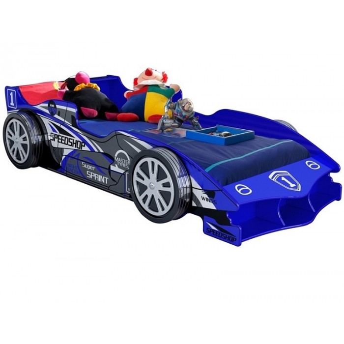 Pat Masina de Formula 1 albastru - Patut in forma de masina F1 din lemn MDF cu roti 3D cu finisaje  Deluxe High Gloss
